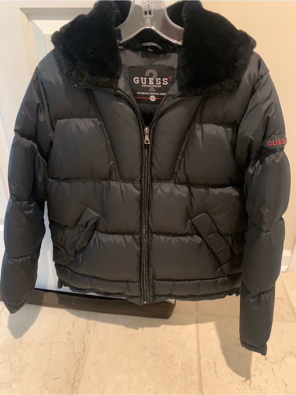 GUESS Black Quilted Puffer Jacket with Faux Fur Collar